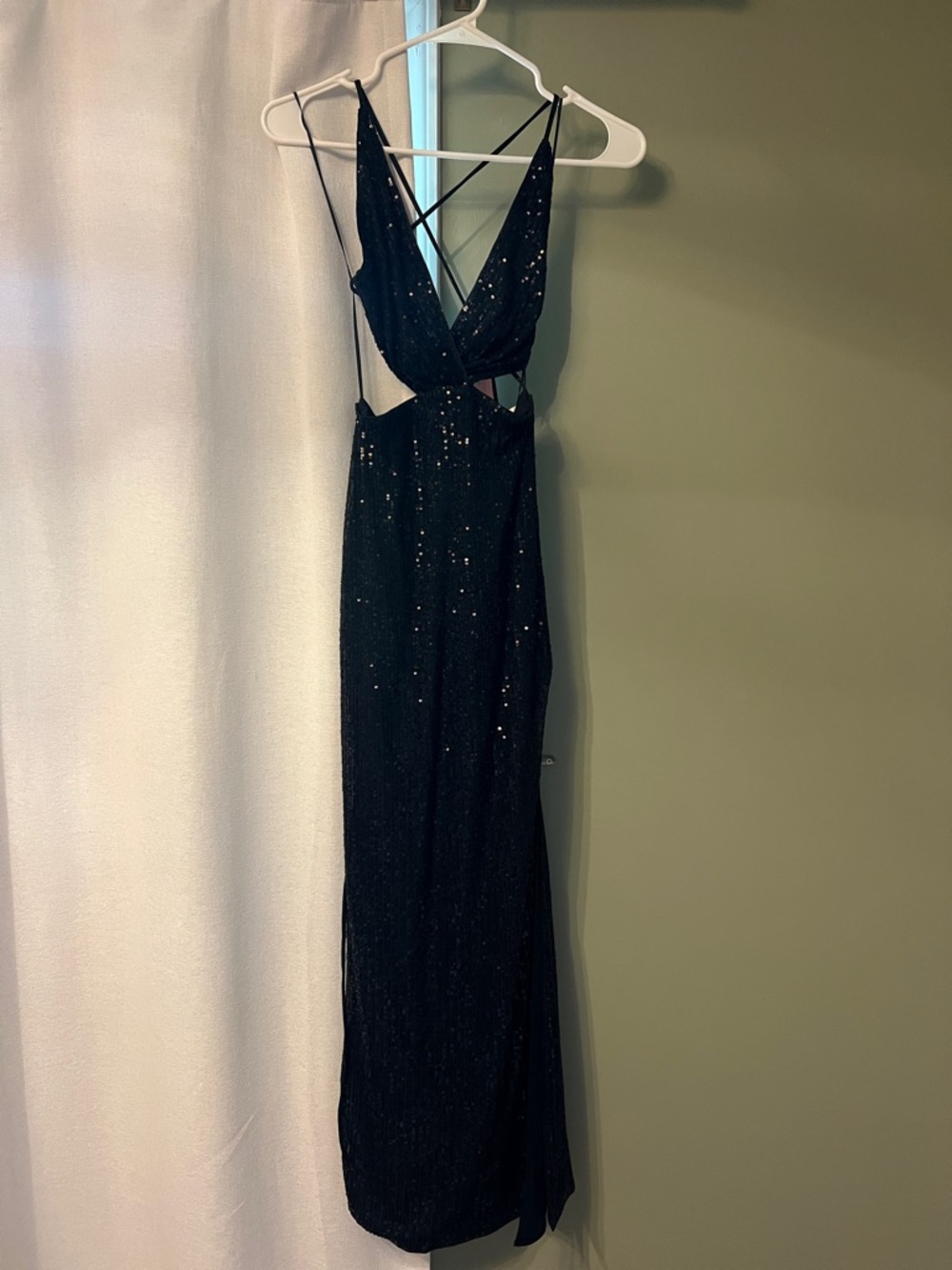 Hello Molly Black Sequin Backless Gown with Strappy Detail